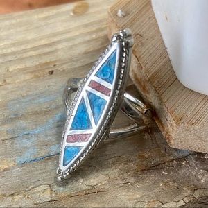Vintage Native American Zuni Inlaid Turquoise & Coral Chip LONG Narrow Ring